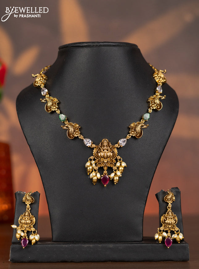 Antique necklace lakshmi design with kemp & cz stones and pearl & golden beads hangings