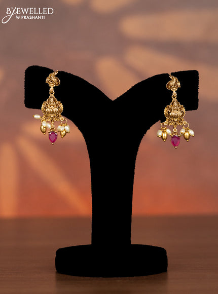 Antique necklace lakshmi design with kemp & cz stones and pearl & golden beads hangings