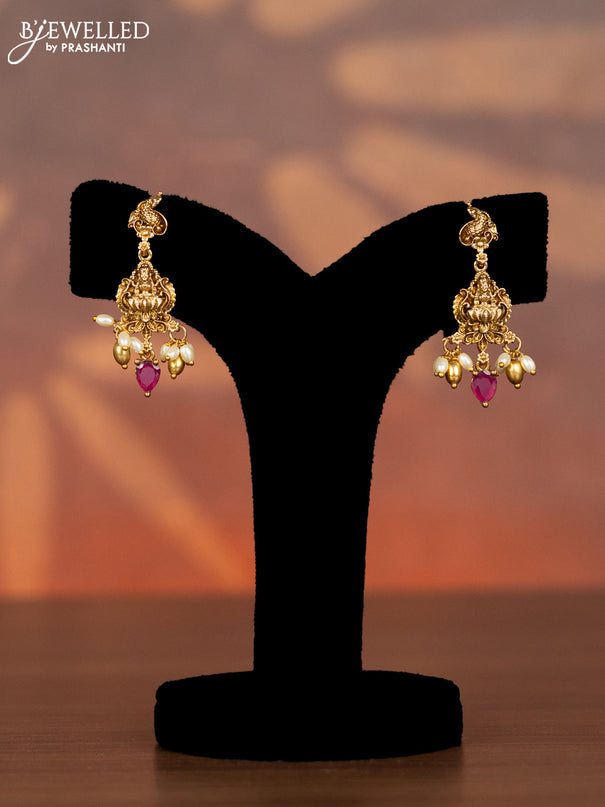 Antique necklace lakshmi design with kemp & cz stones and pearl & golden beads hangings