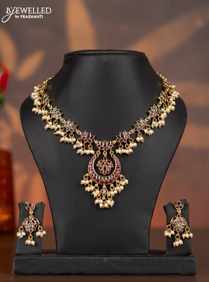 Antique necklace lotus design with kemp stones and pearl hangings
