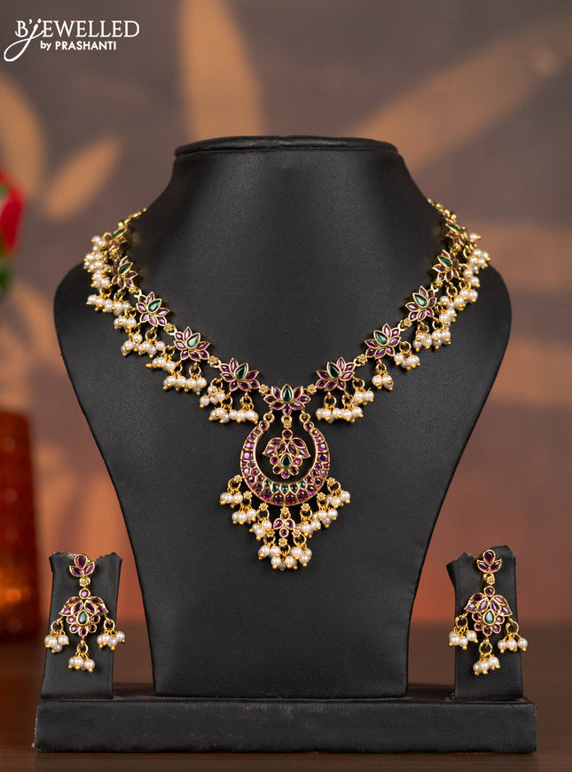 Antique necklace lotus design with kemp stones and pearl hangings