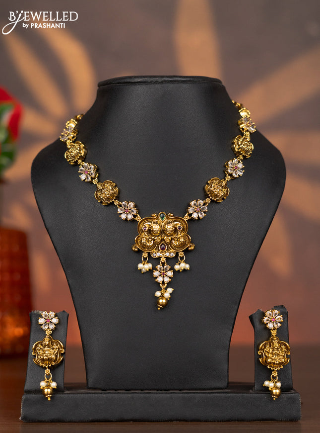 Antique necklace lakshmi design with kemp & cz stones and pearl & golden beads hangings
