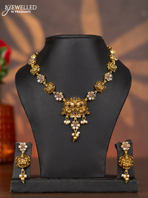 Antique necklace lakshmi design with kemp & cz stones and pearl & golden beads hangings