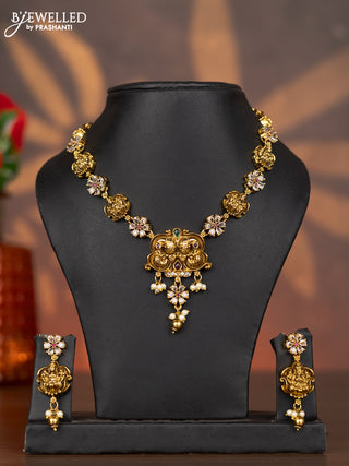 Antique necklace lakshmi design with kemp & cz stones and pearl & golden beads hangings