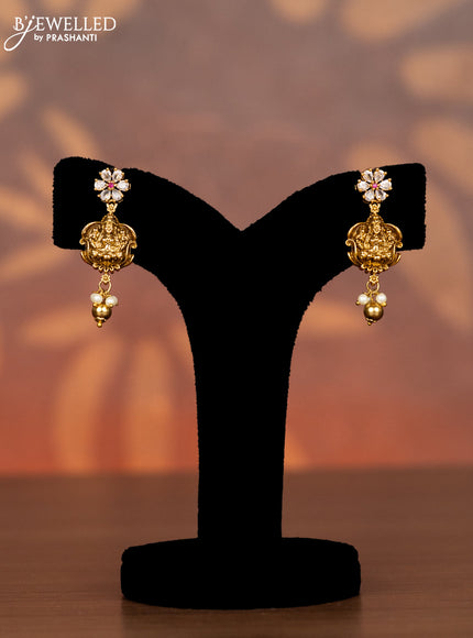 Antique necklace lakshmi design with kemp & cz stones and pearl & golden beads hangings