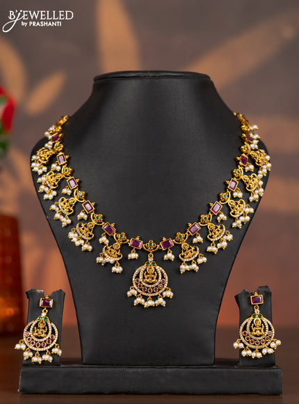 Antique necklace lakshmi design with kemp & cz stones and pearl hangings