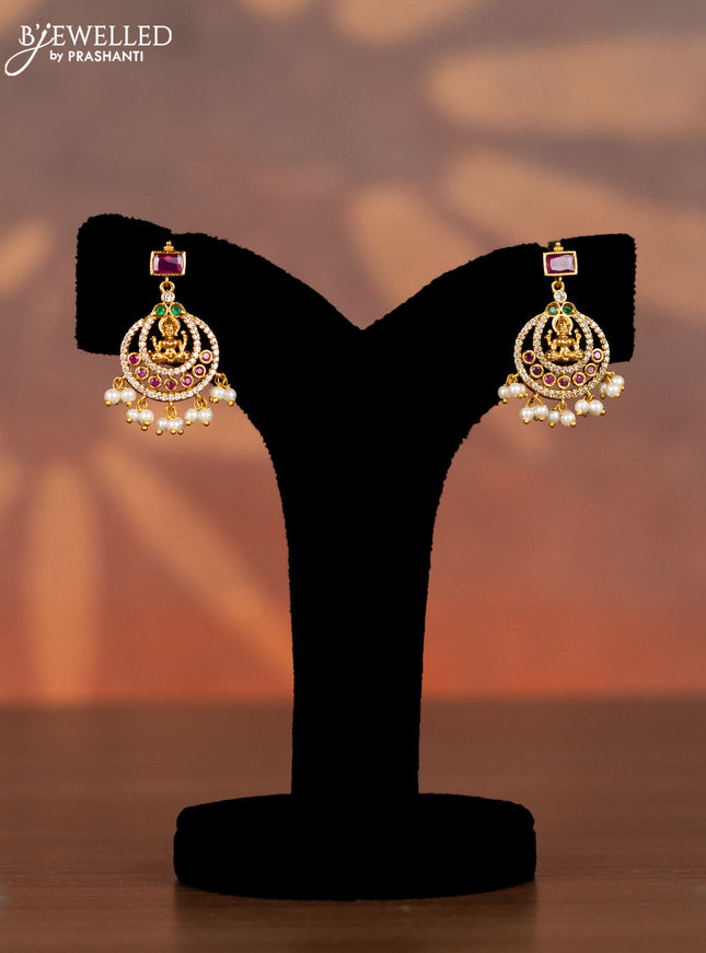 Antique necklace lakshmi design with kemp & cz stones and pearl hangings