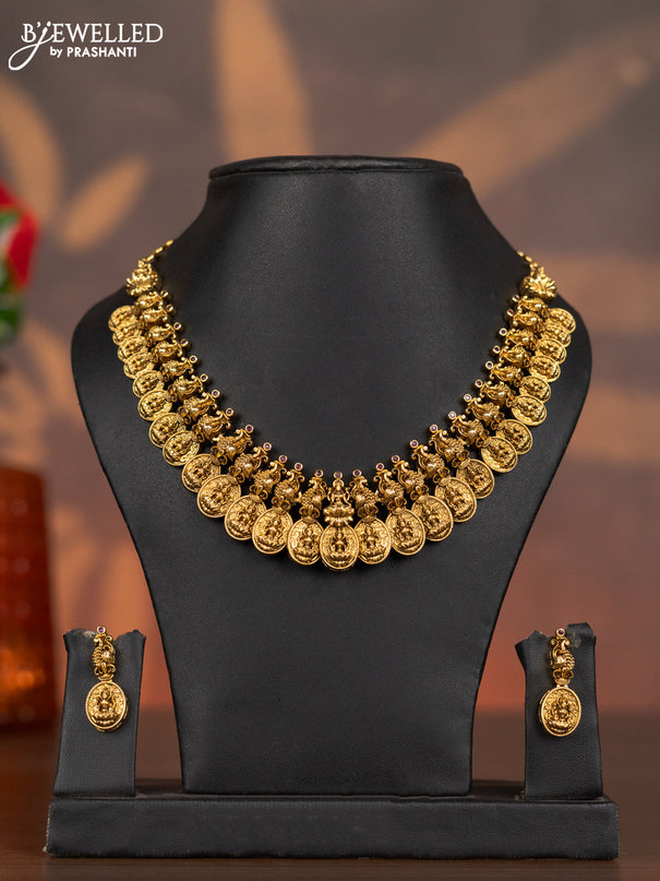 Antique necklace with lakshmi kasu design and ruby stones