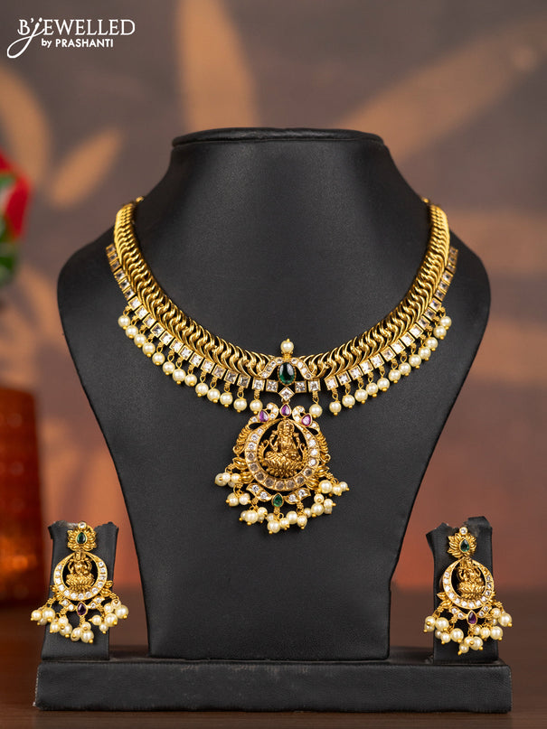Antique necklace lakshmi design with kemp & cz stones and pearl hangings