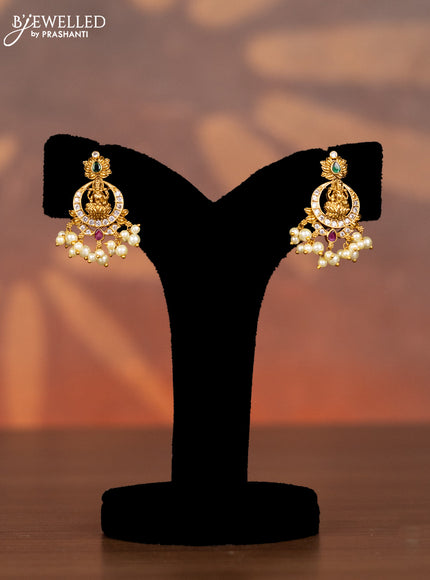 Antique necklace lakshmi design with kemp & cz stones and pearl hangings