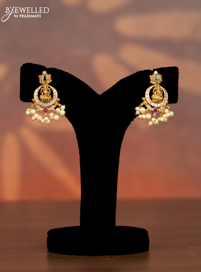 Antique necklace lakshmi design with kemp & cz stones and pearl hangings