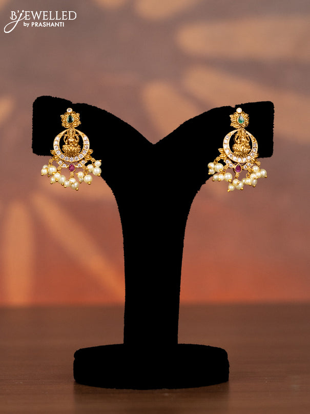 Antique necklace lakshmi design with kemp & cz stones and pearl hangings