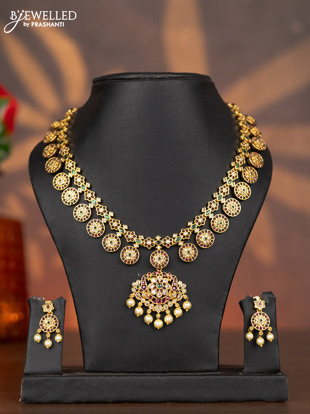 Antique necklace floral design with kemp & cz stones and pearl hangings