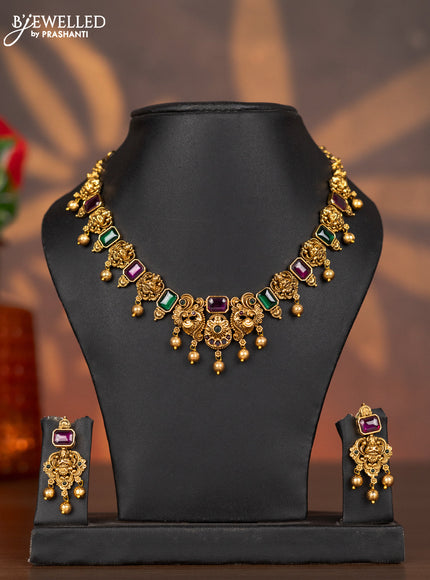 Antique necklace lakshmi design with kemp & cz stones and golden beads hangings