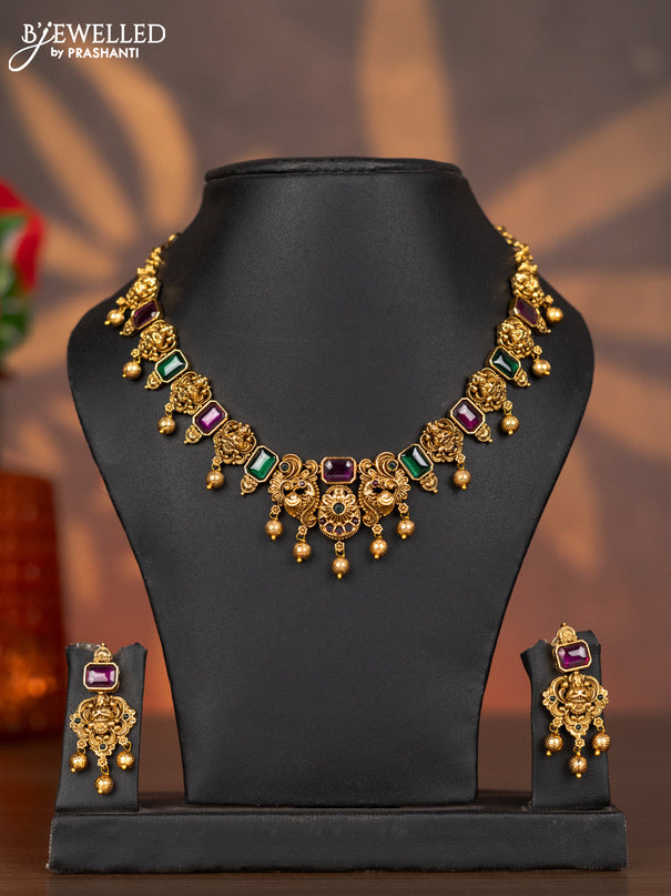Antique necklace lakshmi design with kemp & cz stones and golden beads hangings