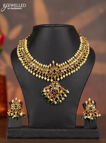 Antique necklace with kemp & cz stones and pearl & green beads hangings