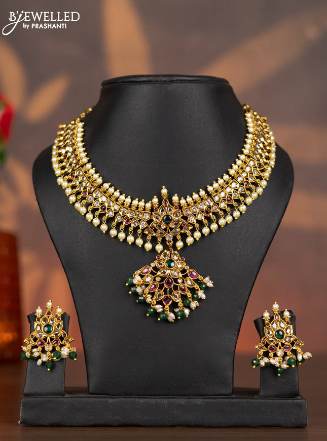 Antique necklace with kemp & cz stones and pearl & green beads hangings