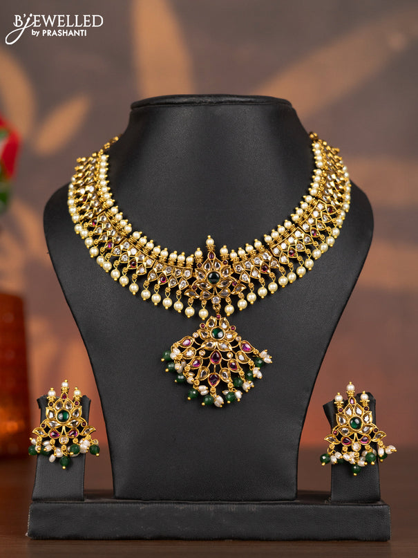 Antique necklace with kemp & cz stones and pearl & green beads hangings