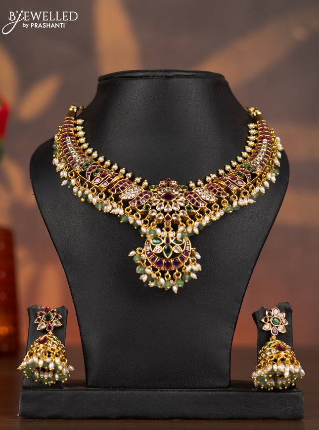 Antique necklace detachable pendant with kemp & cz stones and pearl & mint green beads hangings
