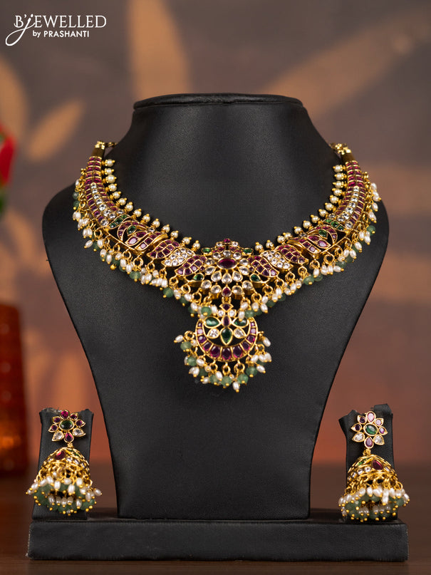 Antique necklace detachable pendant with kemp & cz stones and pearl & mint green beads hangings