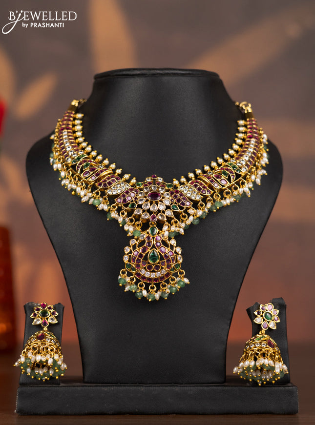 Antique necklace detachable pendant with kemp & cz stones and pearl & mint green beads hangings