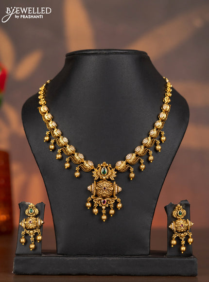 Antique necklace with kemp & cz stones and golden beads hangings