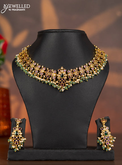 Antique necklace with kemp & cz stones and pearl & mint green beads hangings