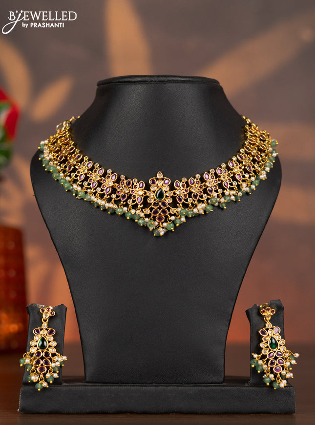 Antique necklace with kemp & cz stones and pearl & mint green beads hangings