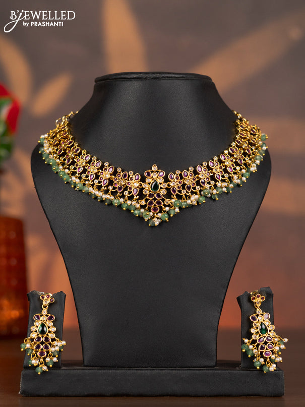Antique necklace with kemp & cz stones and pearl & mint green beads hangings