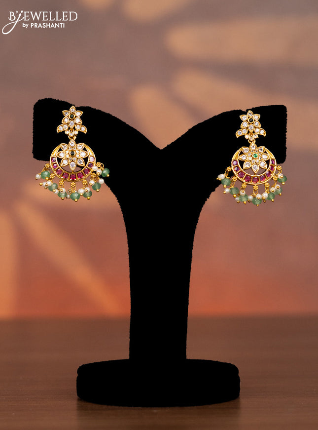 Antique necklace chandbali design with kemp & cz stones and pearl & mint green beads hangings