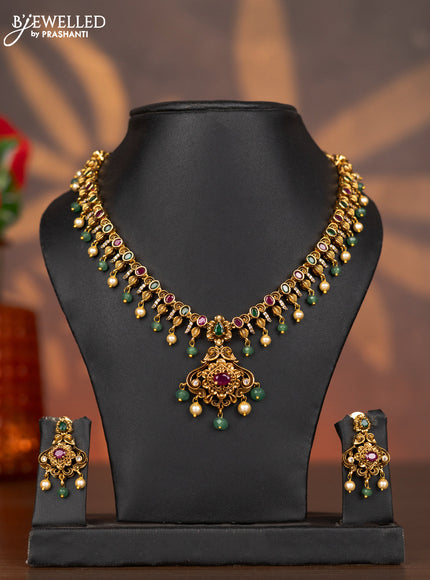 Antique necklace with kemp & cz stones and pearl & mint green beads hangings