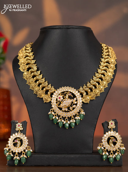Antique necklace lakashmi kasu & peacock design with ruby & cz stones and pearl & mint green beads hangings