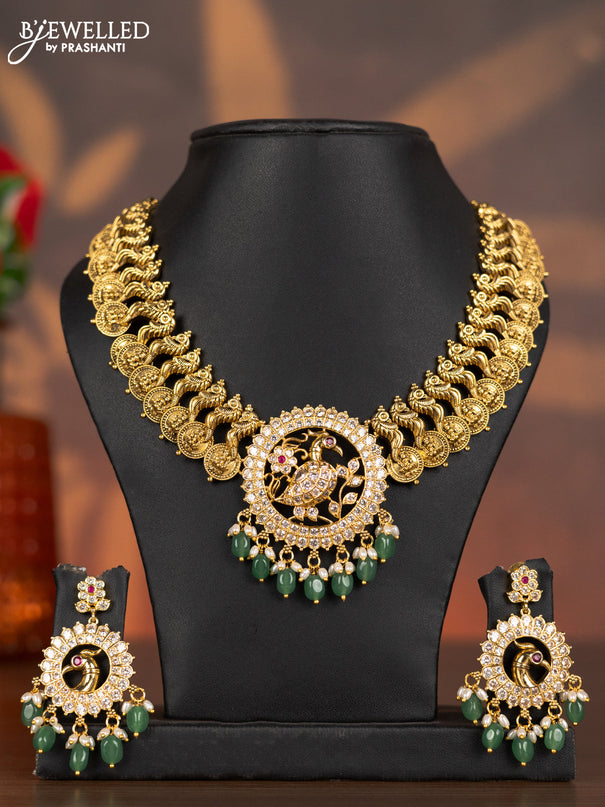 Antique necklace lakashmi kasu & peacock design with ruby & cz stones and pearl & mint green beads hangings