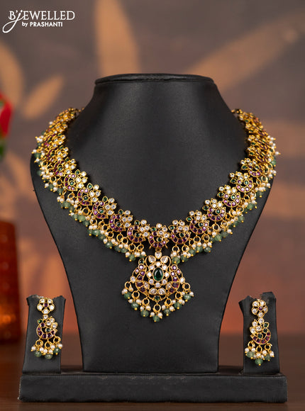 Antique necklace with kemp & cz stones and pearl & mint green beads hangings