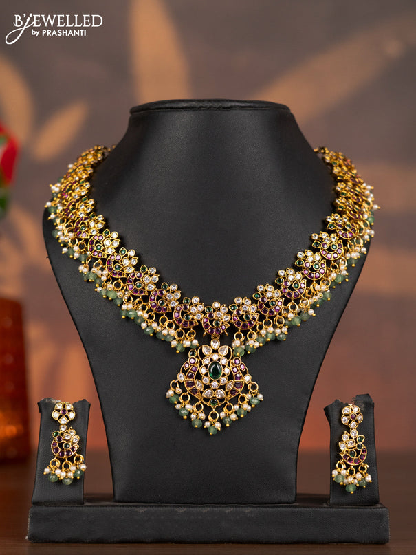 Antique necklace with kemp & cz stones and pearl & mint green beads hangings
