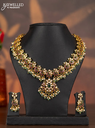 Antique necklace with kemp & cz stones and pearl & mint green beads hangings