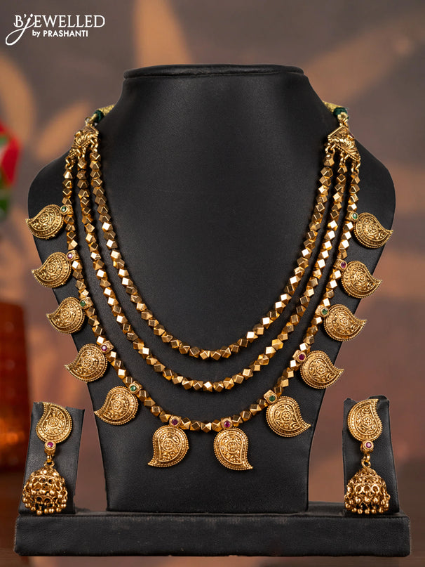 Antique triple layer necklace manga pattern with kemp stones