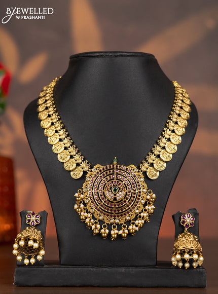 Antique necklace lakshmi kasu design with kemp & cz stones and pearl & goldenn beads hangings