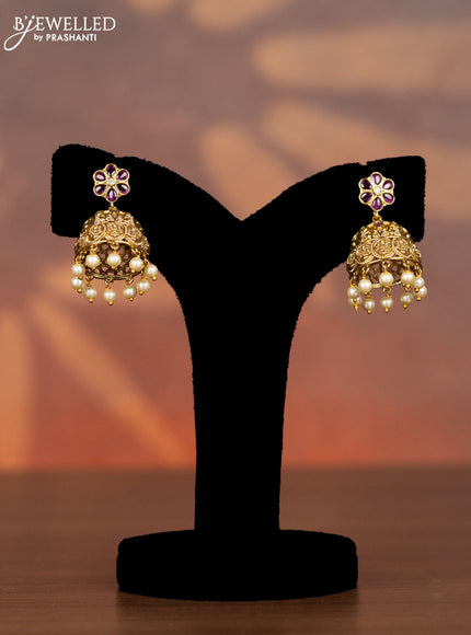 Antique necklace lakshmi kasu design with kemp & cz stones and pearl & goldenn beads hangings