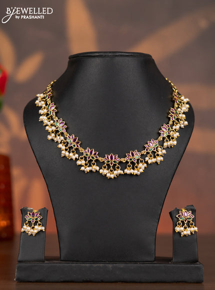 Antique necklace lotus design with kemp stones and pearl hangings