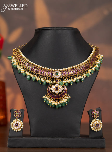 Antique necklace with kemp & cz stones and pearl & mint green beads hangings