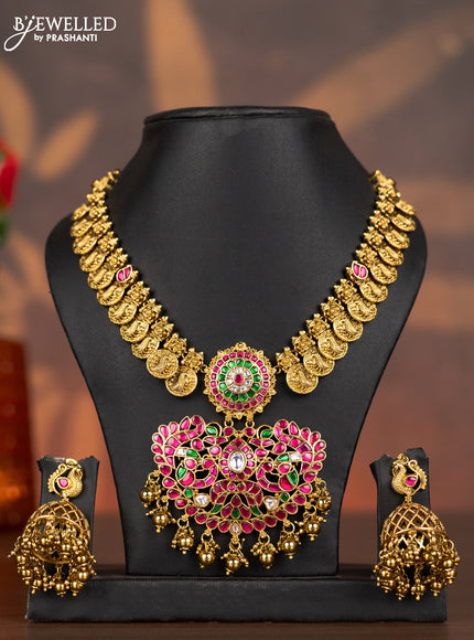 Antique necklace lakshmi kasu design with kemp jadau kundan stones and golden beads hangings