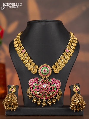 Antique necklace lakshmi kasu design with kemp jadau kundan stones and golden beads hangings
