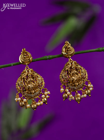 Antique earring lakshmi design with ruby & cz stones and pearl & golden beads hangings