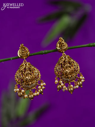 Antique earring lakshmi design with ruby & cz stones and pearl & golden beads hangings