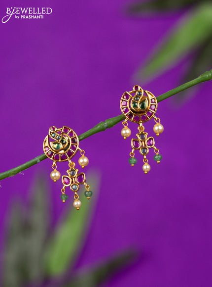 Antique earring peacock design with kemp stones and pearl & mint green beads hangings