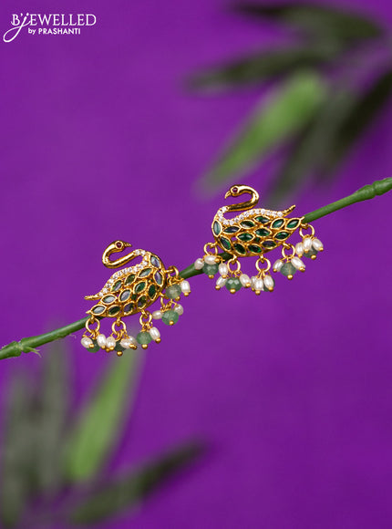 Antique earring peacock design with emerald & cz stones and pearl & mint green beads hangings