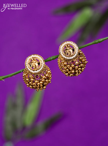 Antique earring radha krishna design with ruby stones and golden beads hangings