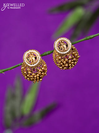 Antique earring radha krishna design with ruby stones and golden beads hangings