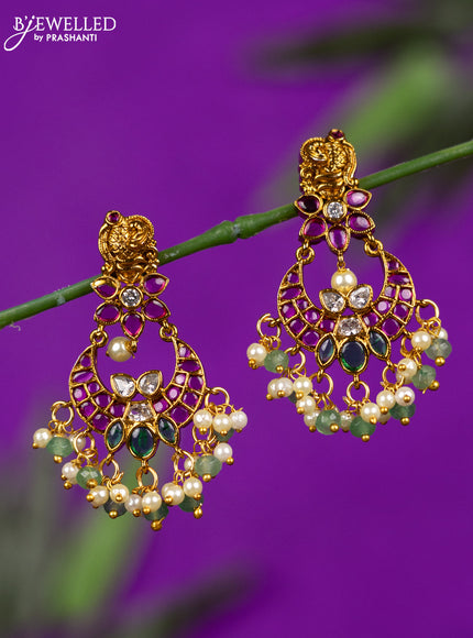 Antique earring chandbali design with kemp & kundan stones and pearl & mint green beads hangings